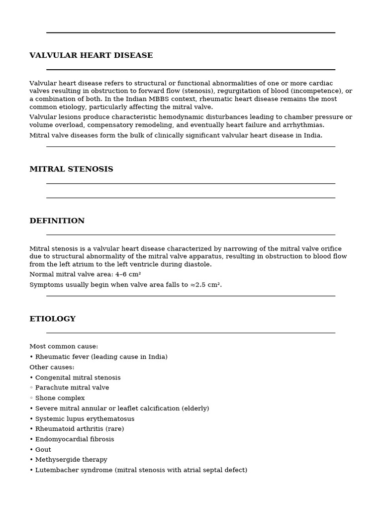 Valvular Heart Disease Mitral Stenosis MBBS Notes | PDF | Heart | Heart ...
