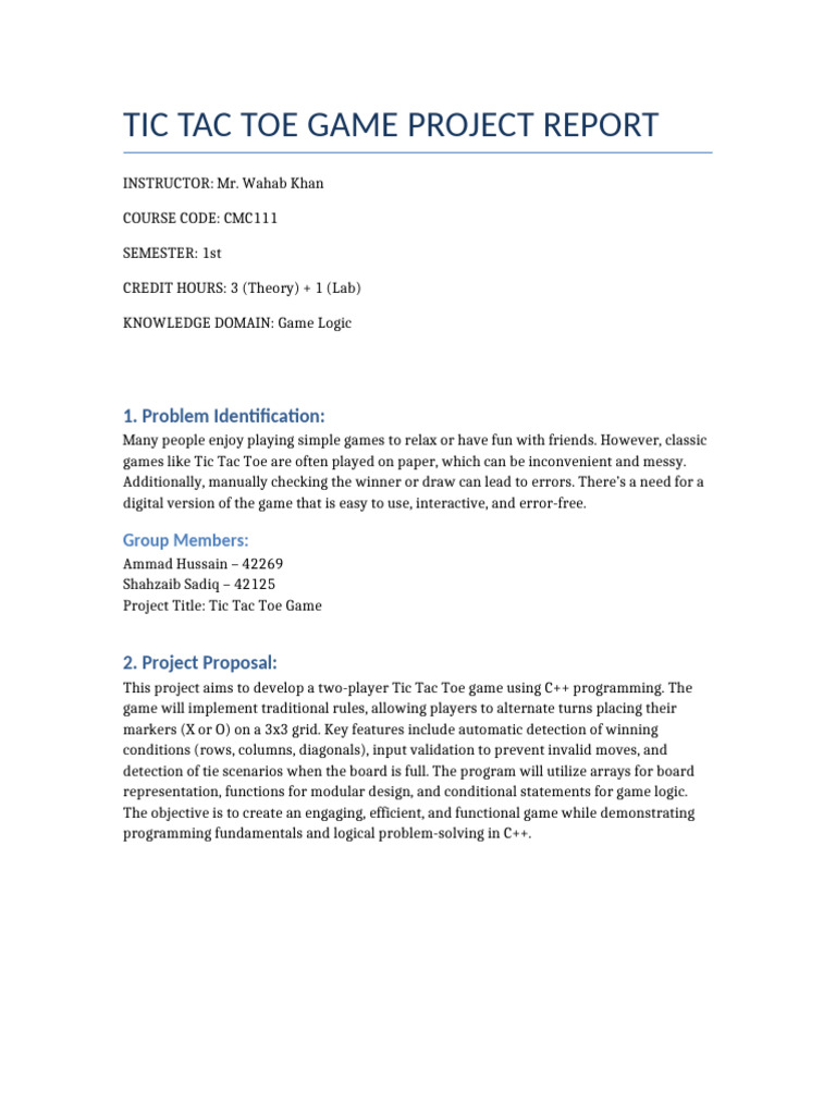 Tic Tac Toe Project Report | PDF