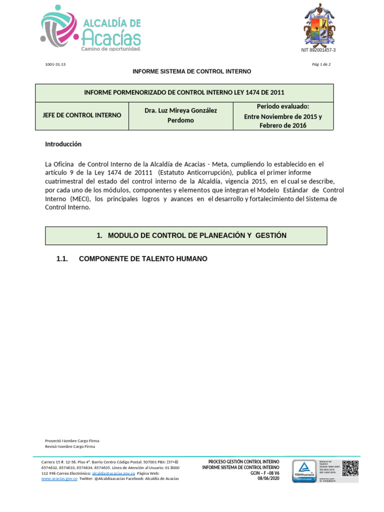 GCIN - F - 08 Informe Sistema de Control Interno V6 | PDF | Informática ...