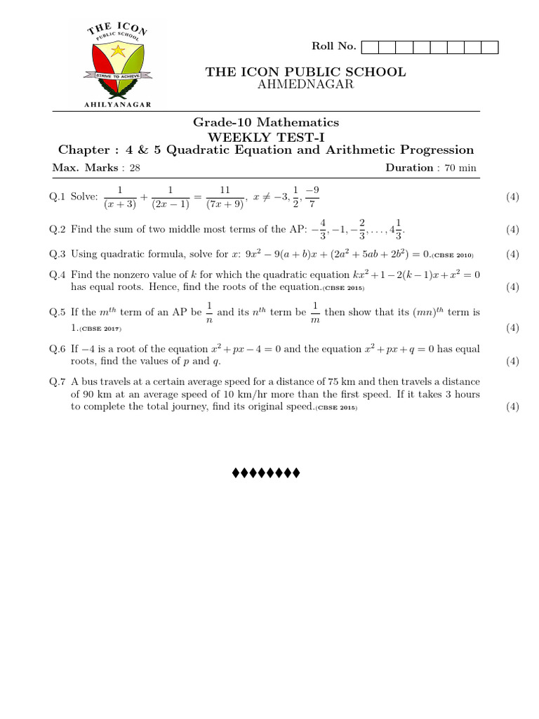 Grade 10 Math Weekly Test Worksheets | PDF | Circle | Zero Of A Function