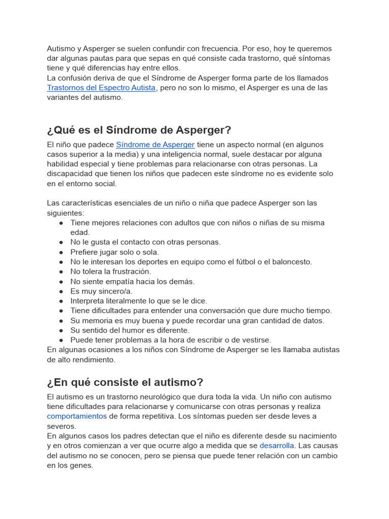 Diferencias entre Autismo y Asperger | PDF | Síndrome de Asperger | Autismo