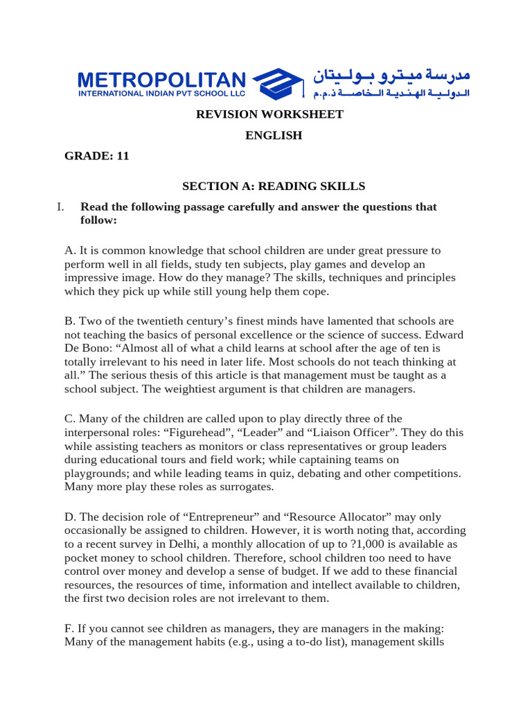 Revision Worksheet for Grade 11 English | PDF | Libraries | Thought