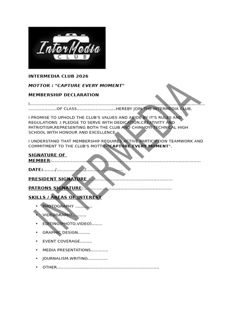 Intermedia Club Membership Declaration 2026 | PDF