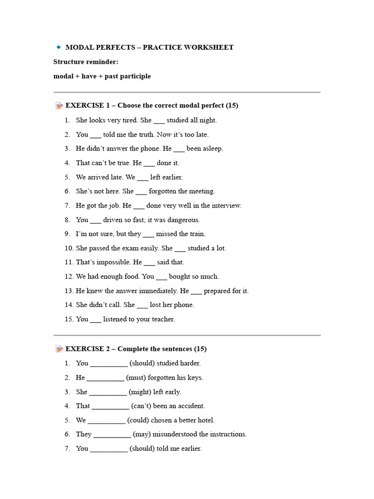 Modal Perfects Practice Worksheet | PDF