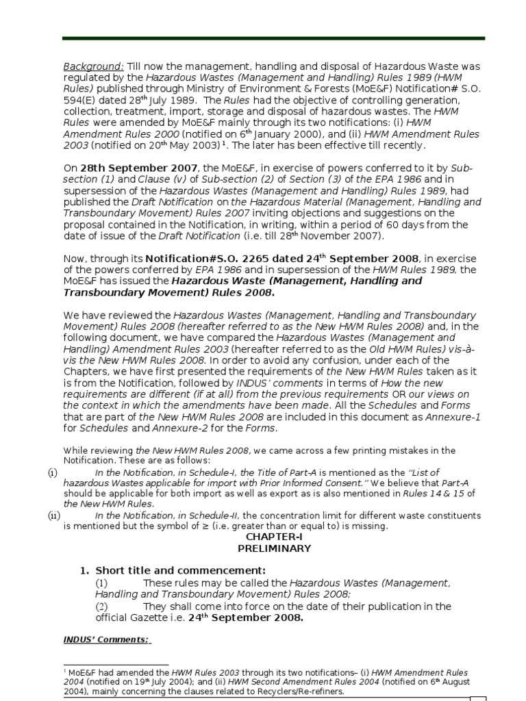 Hazardous Wastes (Management, Handling and Transboundary Movement