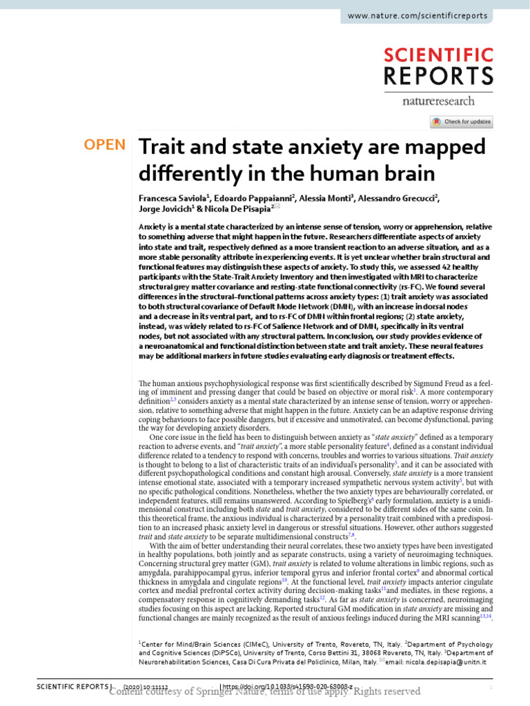 Distinction Between State and Trait Anxiety | PDF | Anxiety | Limbic System