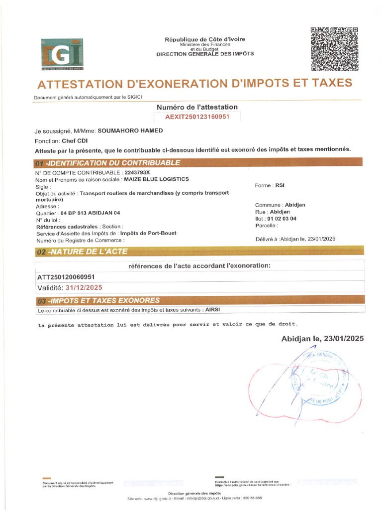 Attestation D'exo Airsi 2025-Mbl | PDF