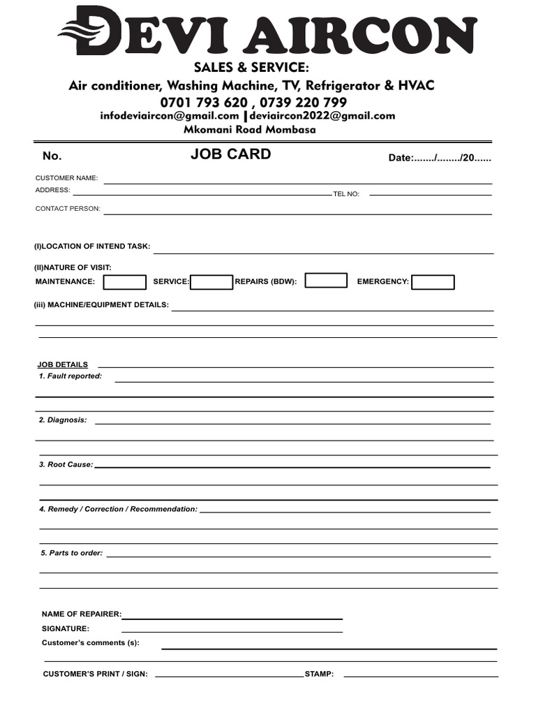 Job Card for Appliance Repairs & Service | PDF