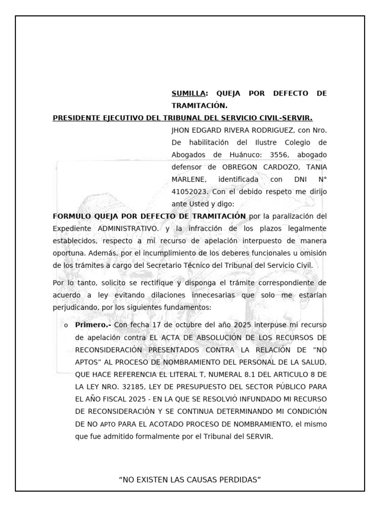 Queja por Defecto de Tramitación SERVIR | PDF | Apelación | Debido al ...
