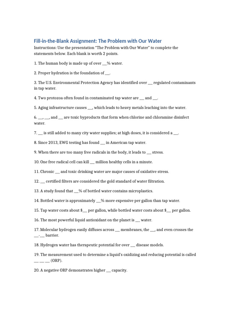 Water Quality Fill-in-the-Blank Assignment | PDF