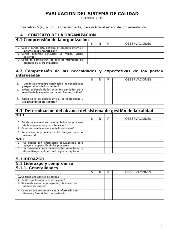 Evaluación del Sistema de Calidad ISO 9001 | PDF | Sistema de manejo de ...