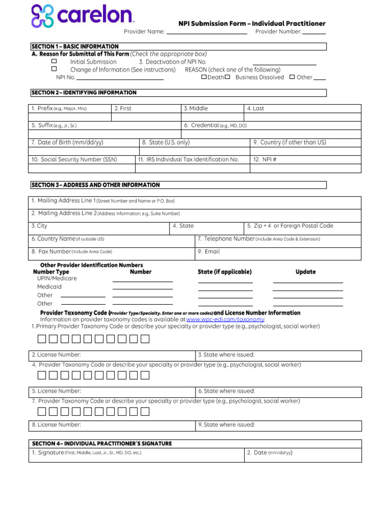 NPI Submission Form Individual Practitioner | PDF