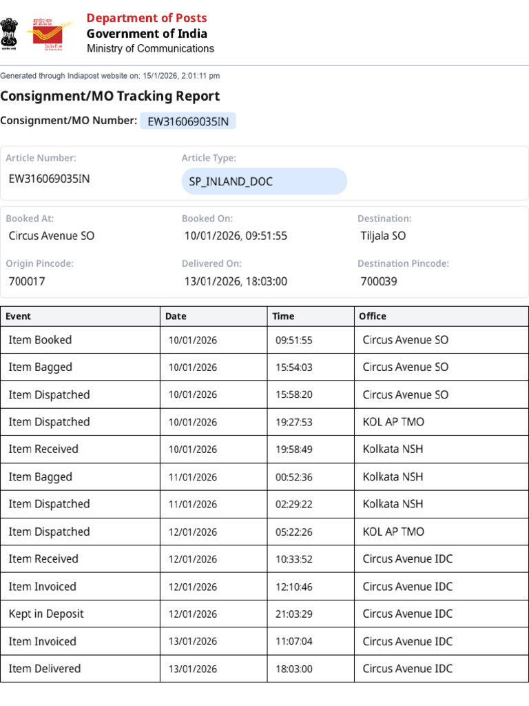 India Post Consignment Tracking Report | PDF
