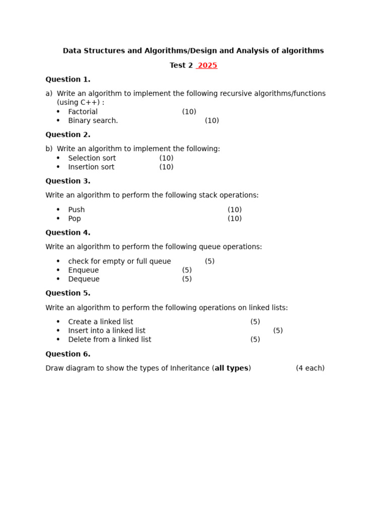 Data Structures & Algorithms Test 2025 | PDF