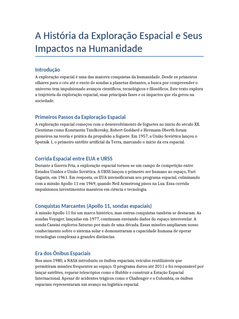 Impactos da Exploração Espacial na Humanidade | PDF | Exploração ...