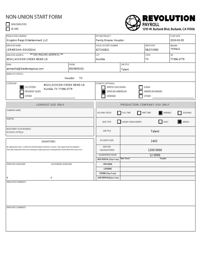 Non-Union Employee Start Form | PDF | Income Tax In The United States ...