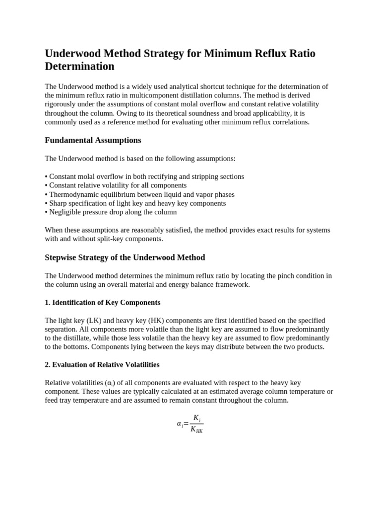 Underwood Method for Minimum Reflux Ratio | PDF | Distillation ...