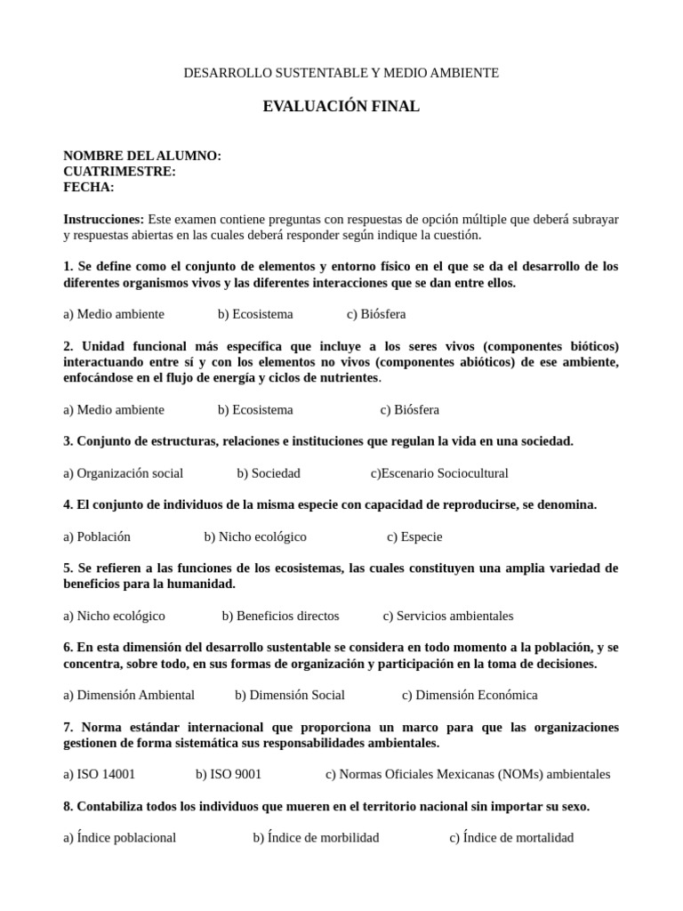 Examen de Desarrollo Sustentable y Medio Ambiente | PDF | Entorno ...