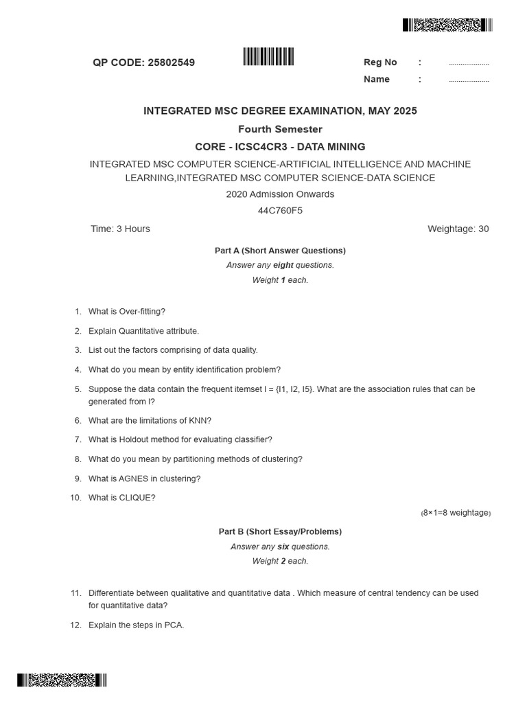Data Mining Exam Questions May 2025 | PDF | Cluster Analysis | Data