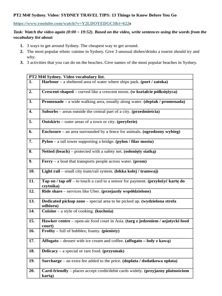 Pt2 m4f Sydney. Video. With Vocabulary Lis. | PDF
