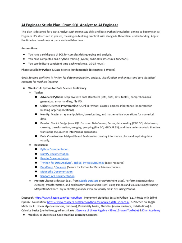 AI Engineer Study Plan for Data Analysts | PDF | Machine Learning ...