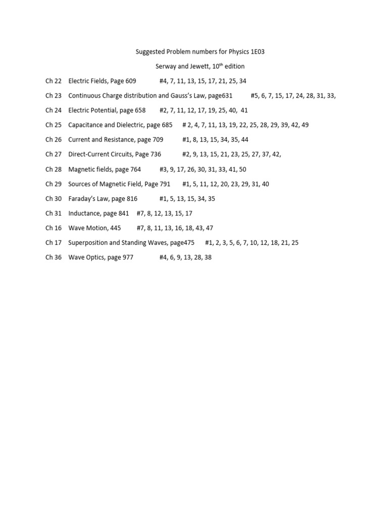 Suggested Problem Numbers for Physics 1E03-10th-Serway and Jewett | PDF