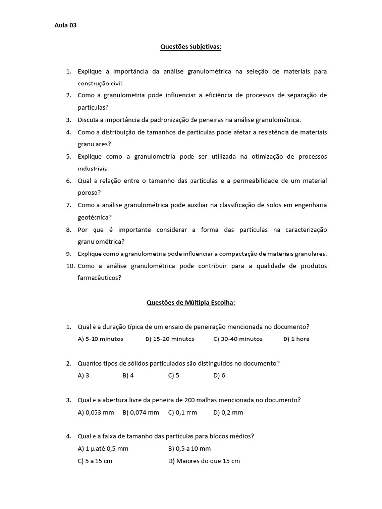 Aula 03 - Atividades | PDF