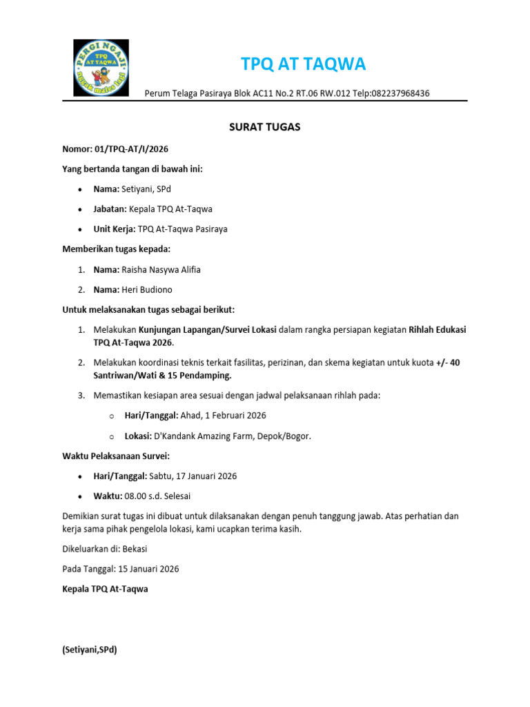 Surat Tugas Kunjungan Rihlah TPQ 2026 | PDF