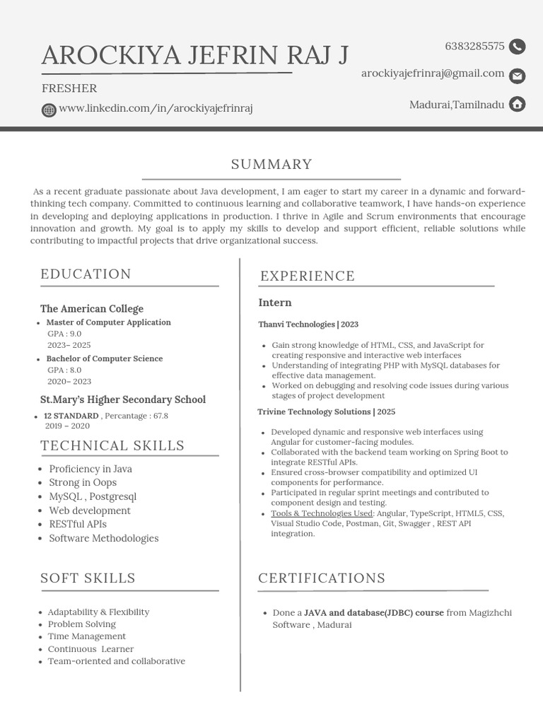 Java Developer Resume for Fresh Graduates | PDF | Computing | Computer ...