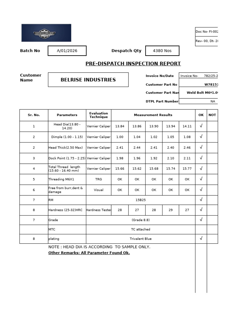 Pre-Dispatch Inspection Report for Weld Bolts | PDF