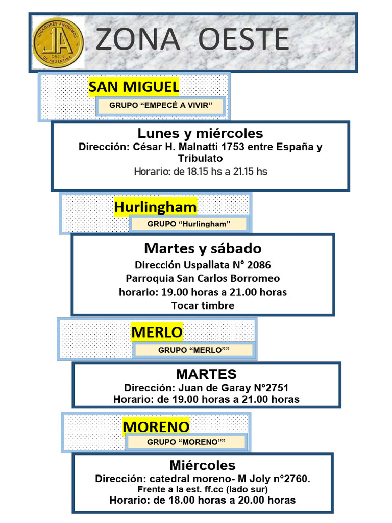 Grupos de Actividades en Zona Oeste | PDF