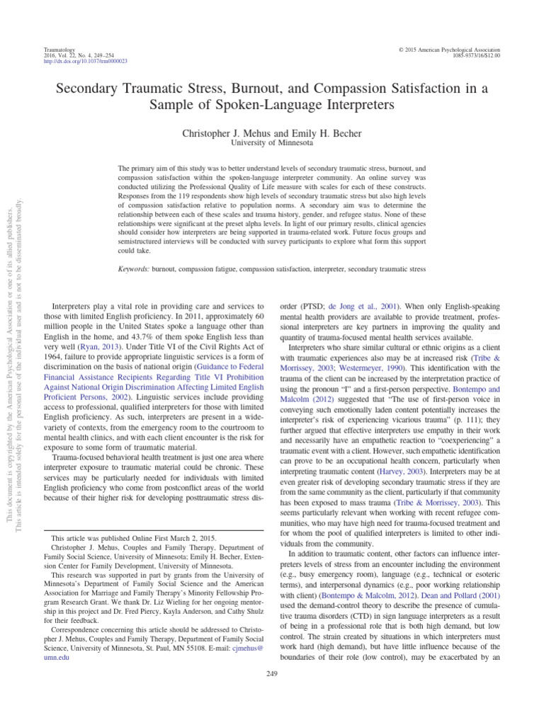 Interpreter Secondary Traumatic Stress | PDF | Psychological Trauma ...