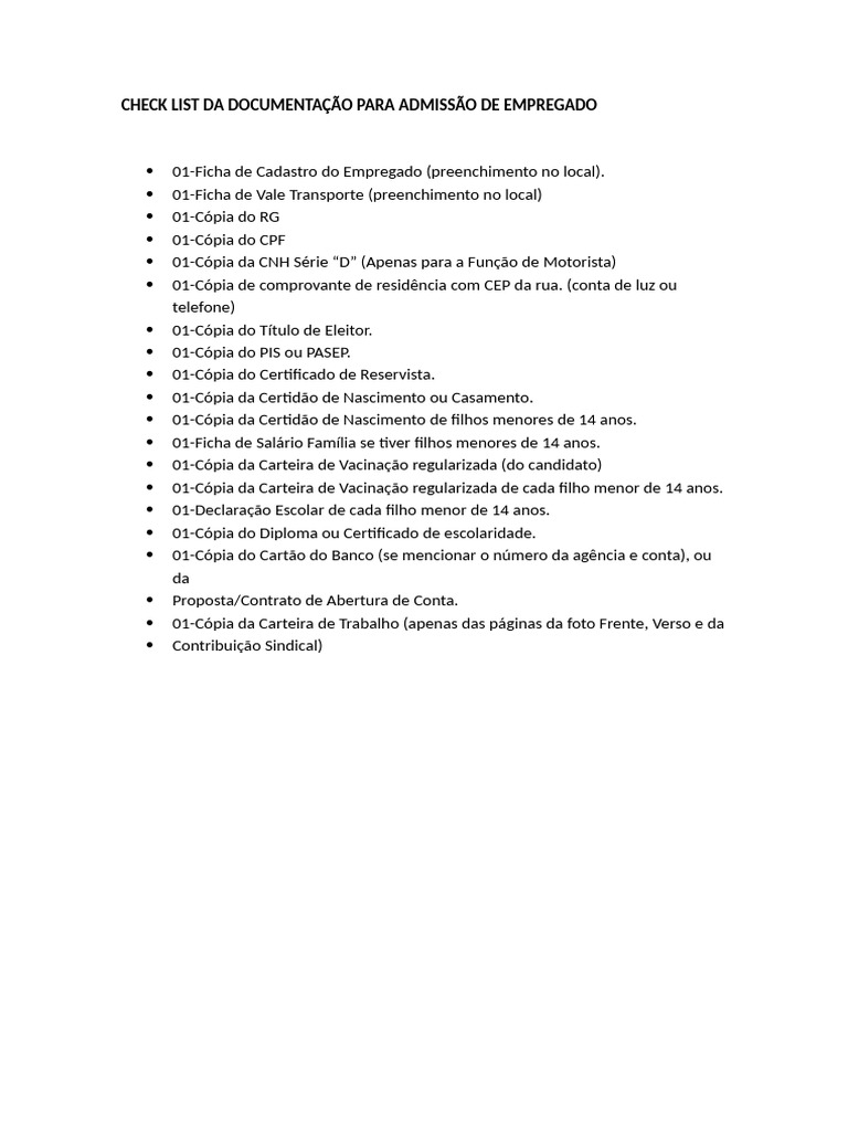 Documentação Necessária para Admissão | PDF