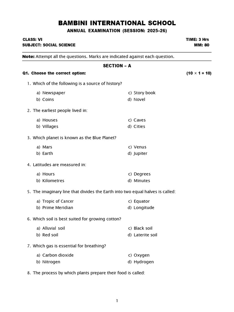 Class VI Social Science Exam 2025-26 | PDF | Soil | Earth