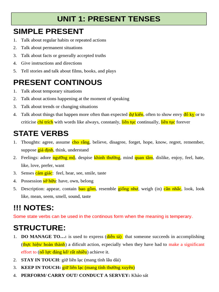 Understanding Present Tenses and Vocabulary | PDF