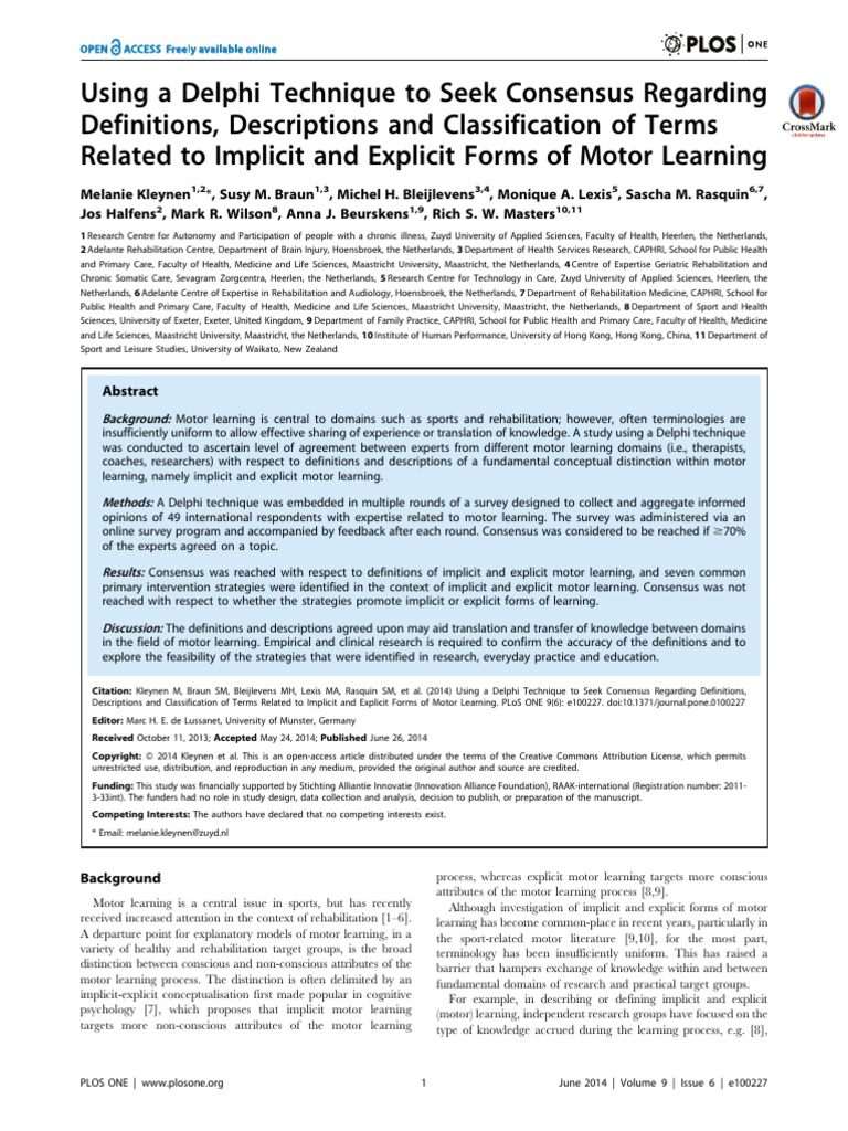 Kleynen Et Al. Delphi Motor Learning | PDF | Learning | Memory