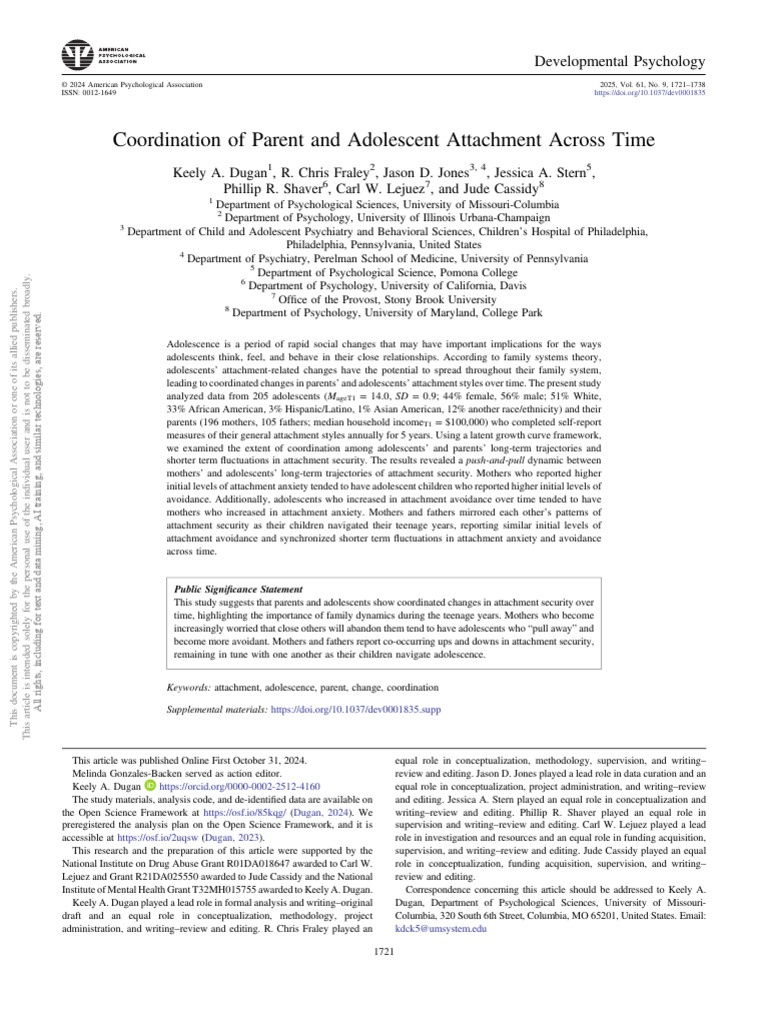 Coordination of Parent and Adolescent Attachment Across Time | PDF ...