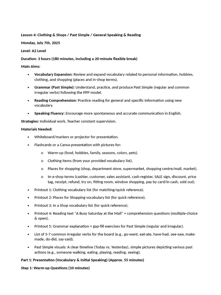 A2 English Lesson: Clothing & Past Simple | PDF | Reading Comprehension ...