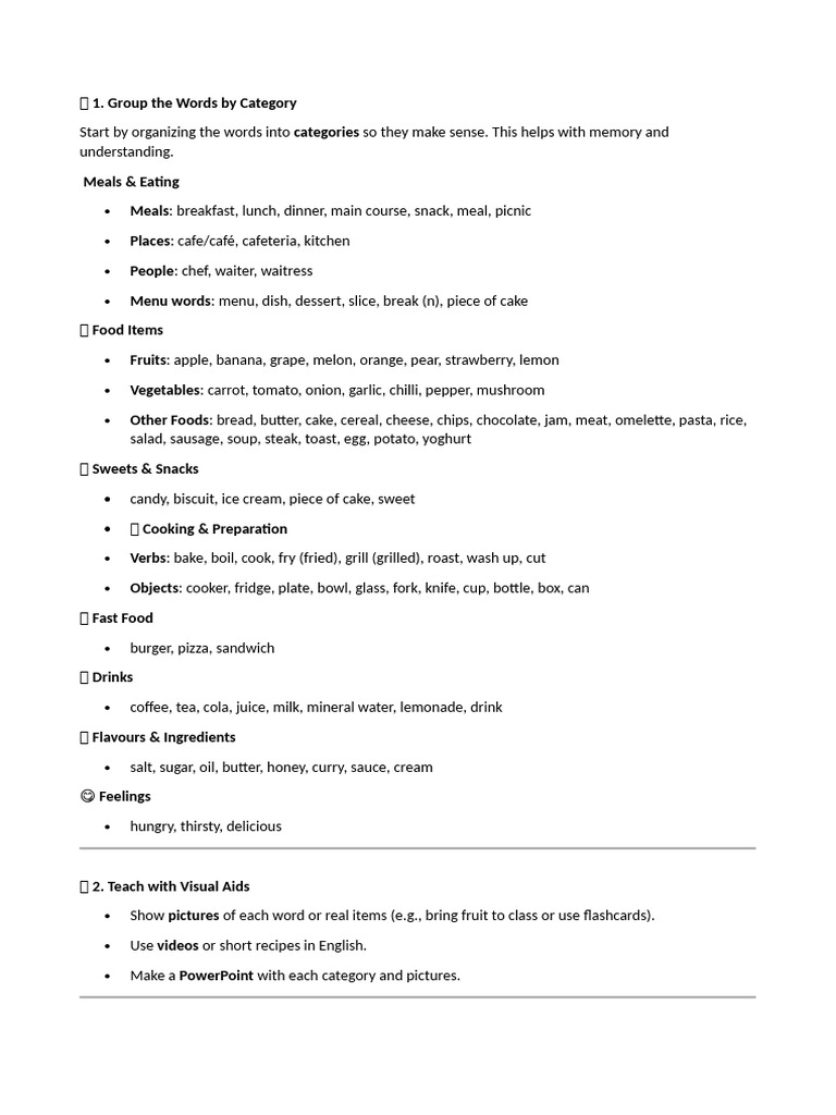 Food Vocabulary Lesson Plan | PDF | Lunch | Meal