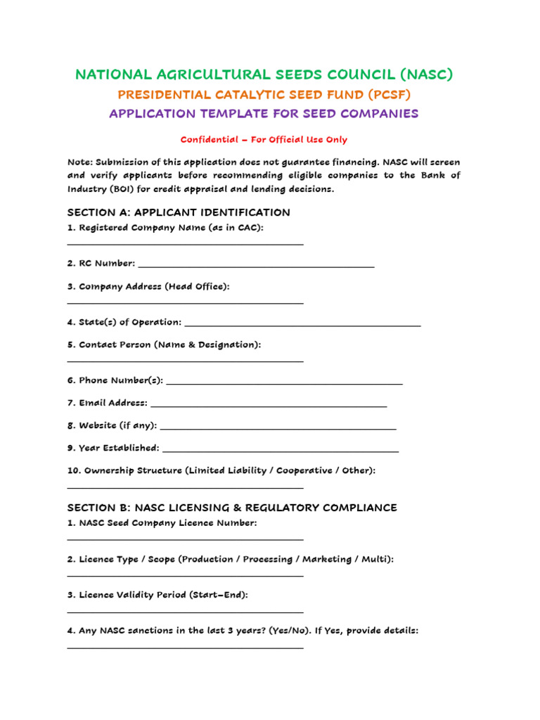 NASC Seed Fund Application Template | PDF | Loans