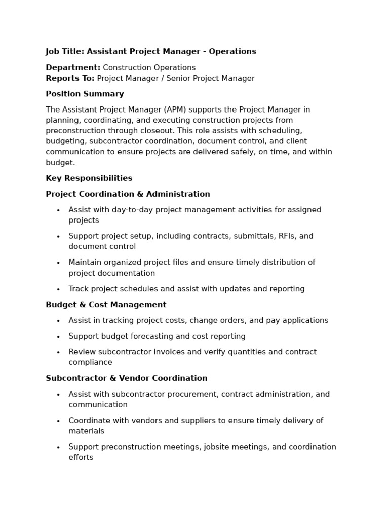 Assistant Project Manager - Construction Operations | PDF | Project ...