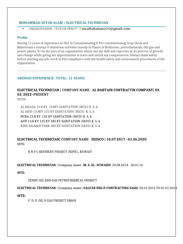 Experienced Electrical Technician Resume | PDF | Transformer | Battery ...
