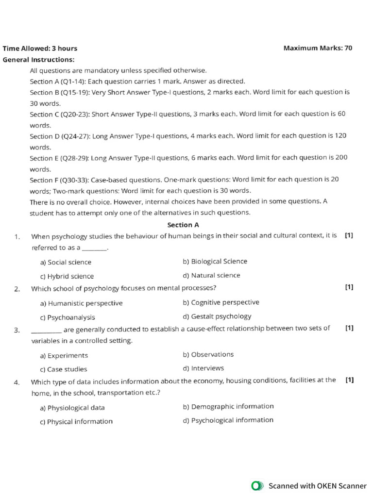 Psychology Sample Paper 11 | PDF