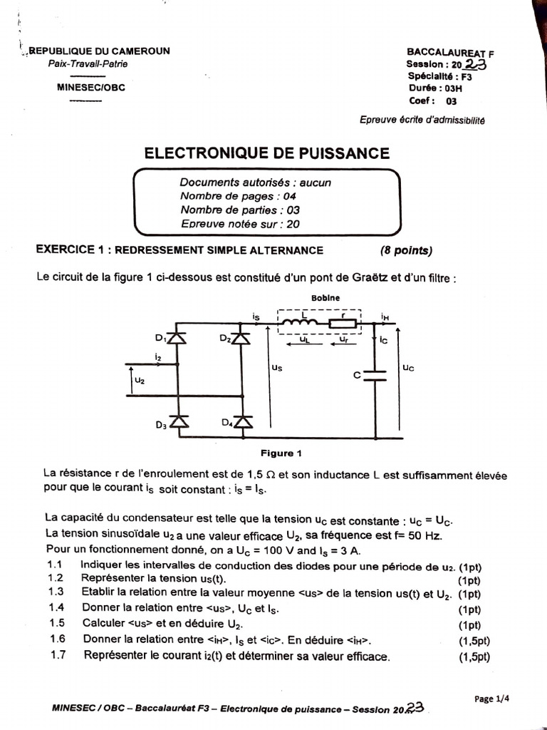 Examen Baccalauréat F3 : Électronique de Puissance | PDF | Puissance ...