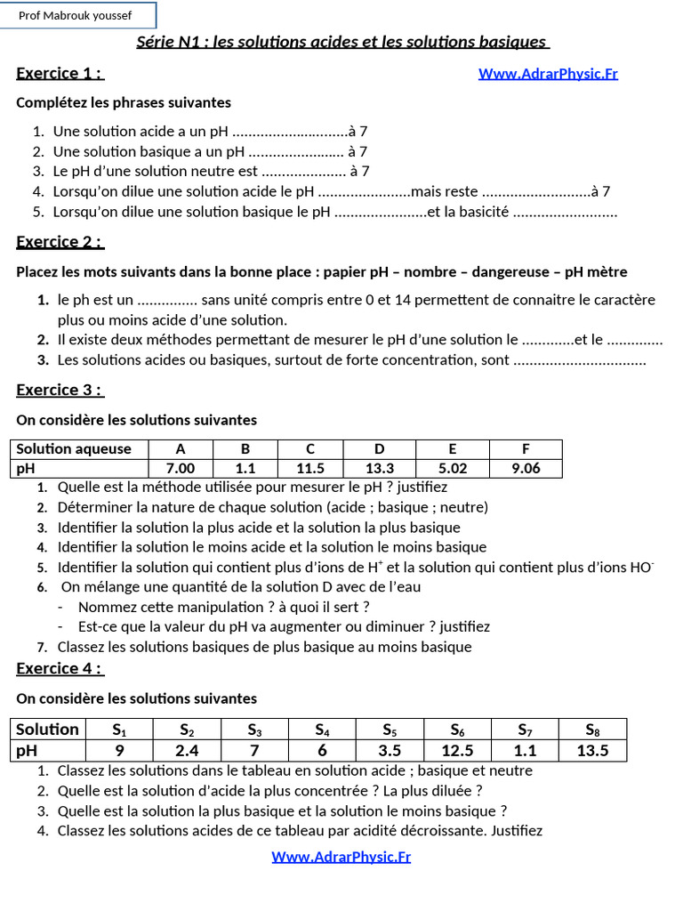 Solutions acides et basiques : exercices pratiques | PDF | Ph | Acide
