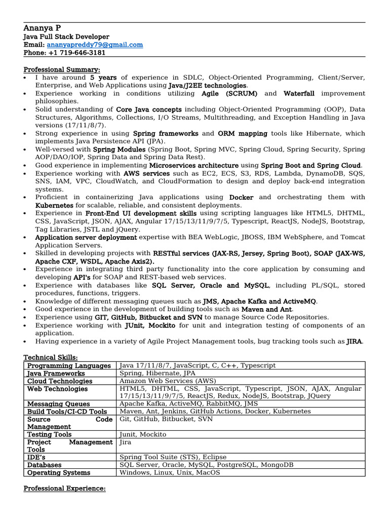 Java Full Stack Developer Resume | PDF | Spring Framework | Web Service