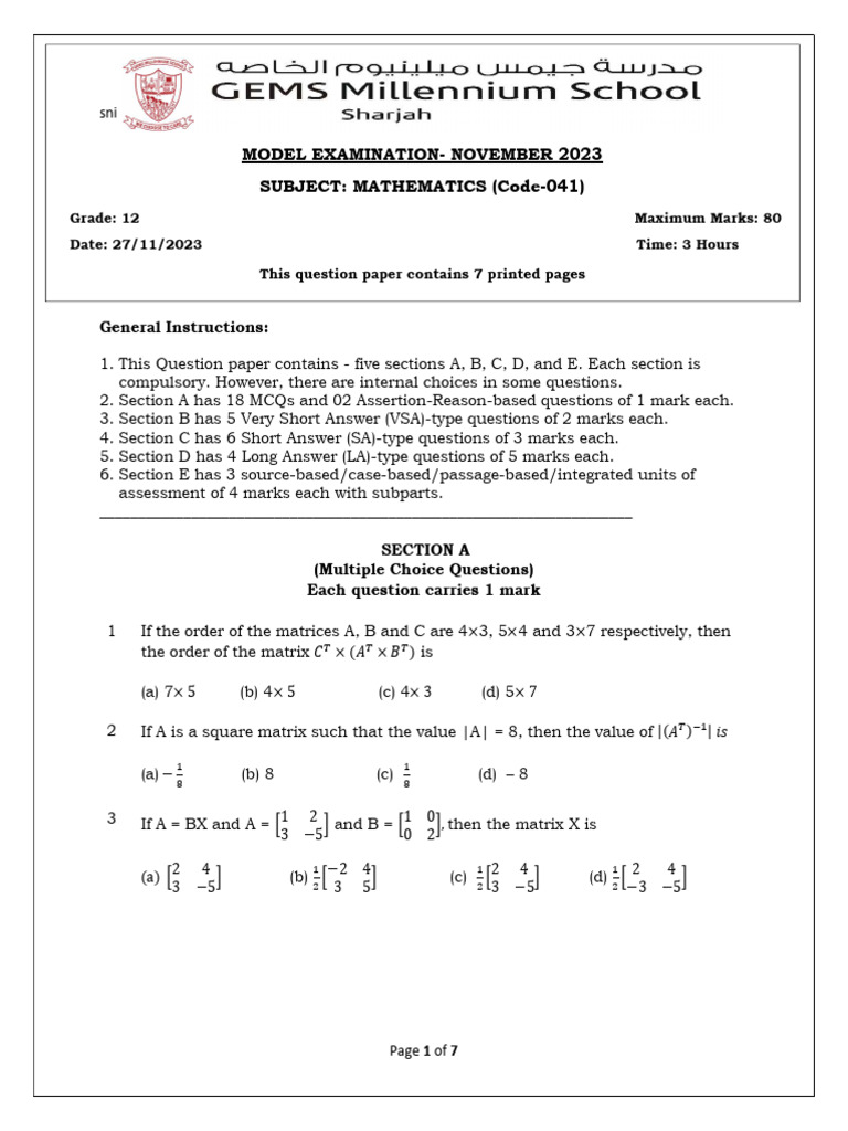 Grade 12 Mathematics Model Exam 2023 | PDF | Matrix (Mathematics ...