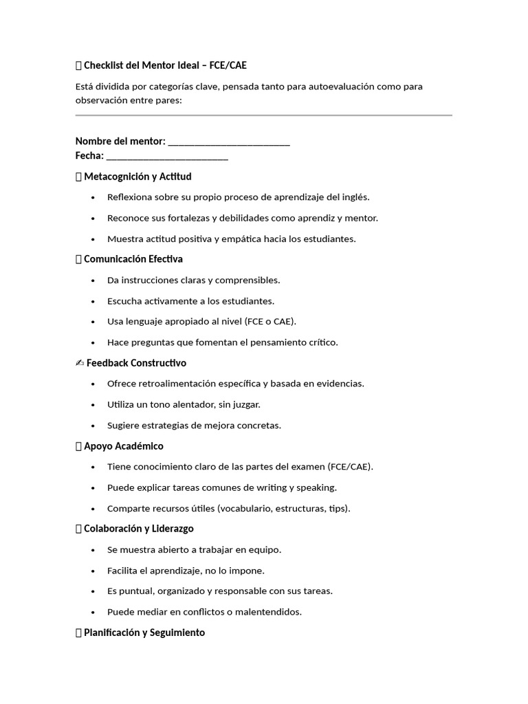 Checklist del Mentor Ideal para FCE/CAE | PDF