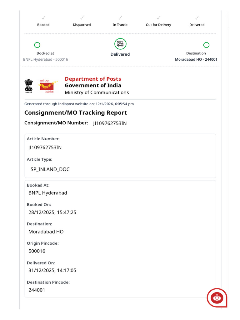India Post Consignment Tracking Report | PDF