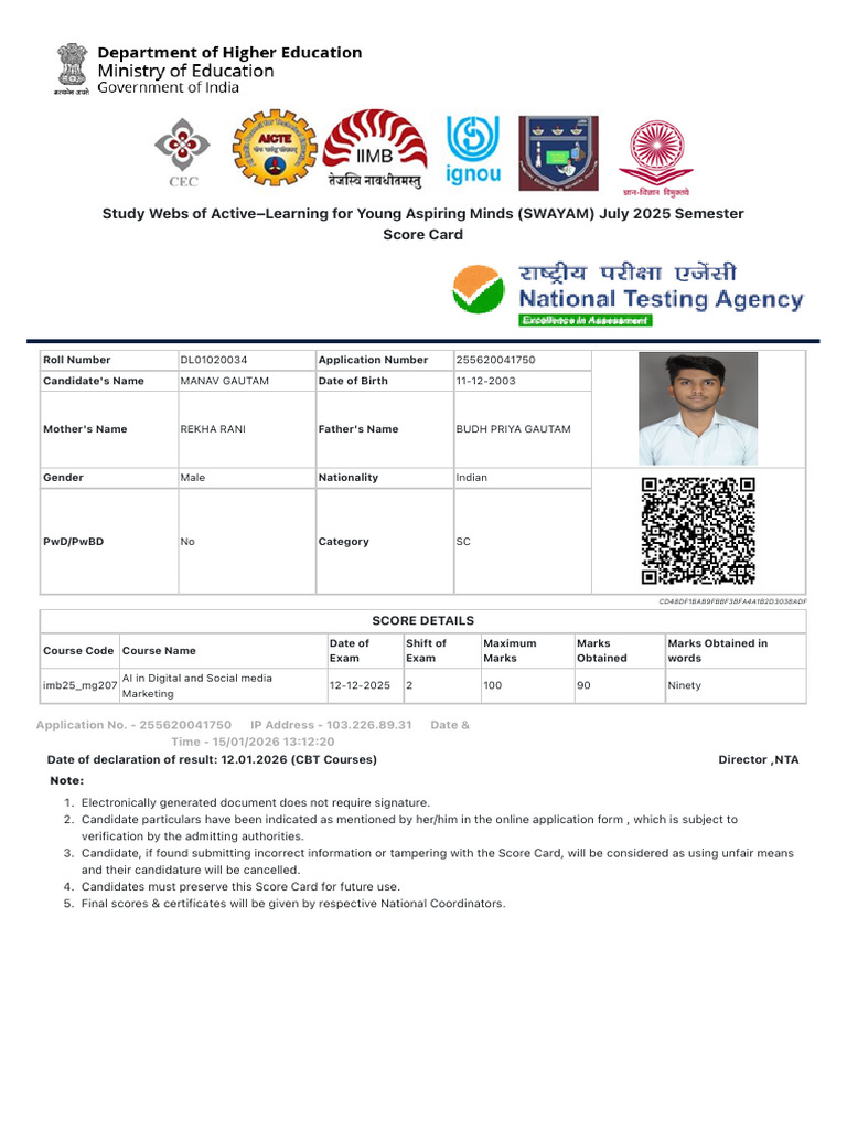 SWAYAM July 2025 Exam Score Card | PDF